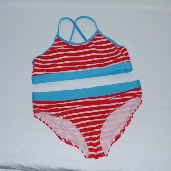 Lands End Girls Striped Red Swimsuit Set Bikinis Sz 14 2pc - Picture 1 of 8